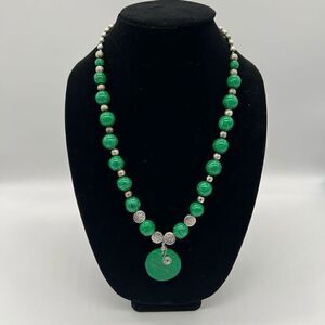 Handmade Faux Malachite Polymer Clay and Silver tone Bead Artisan Boho necklace